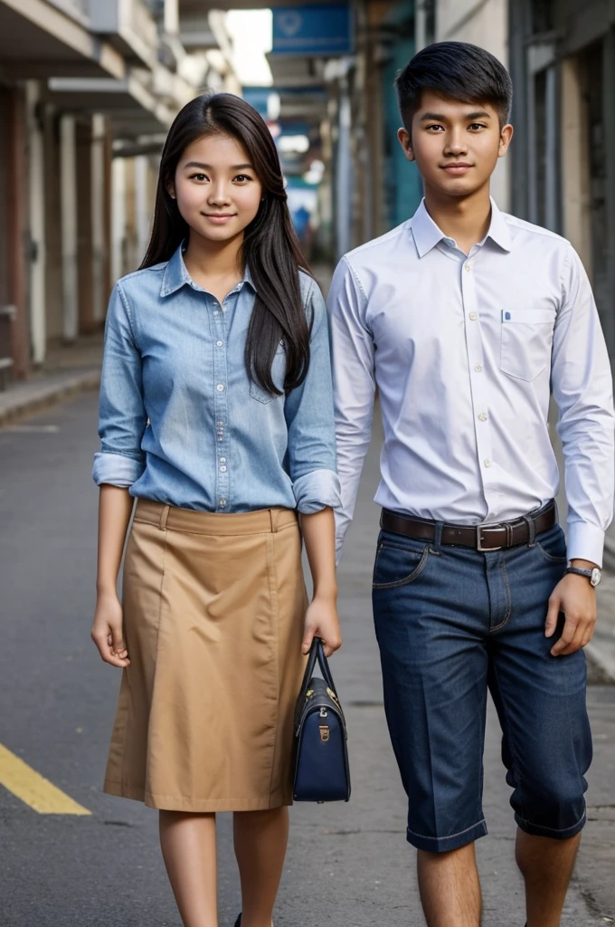 Kindly create an AI-generated photo of 2 people who are 21 years old and a seafarer. A man that is 5'11 tall and has little eyes and a woman who is 5ft tall and cute. They are both Filipino citizens.