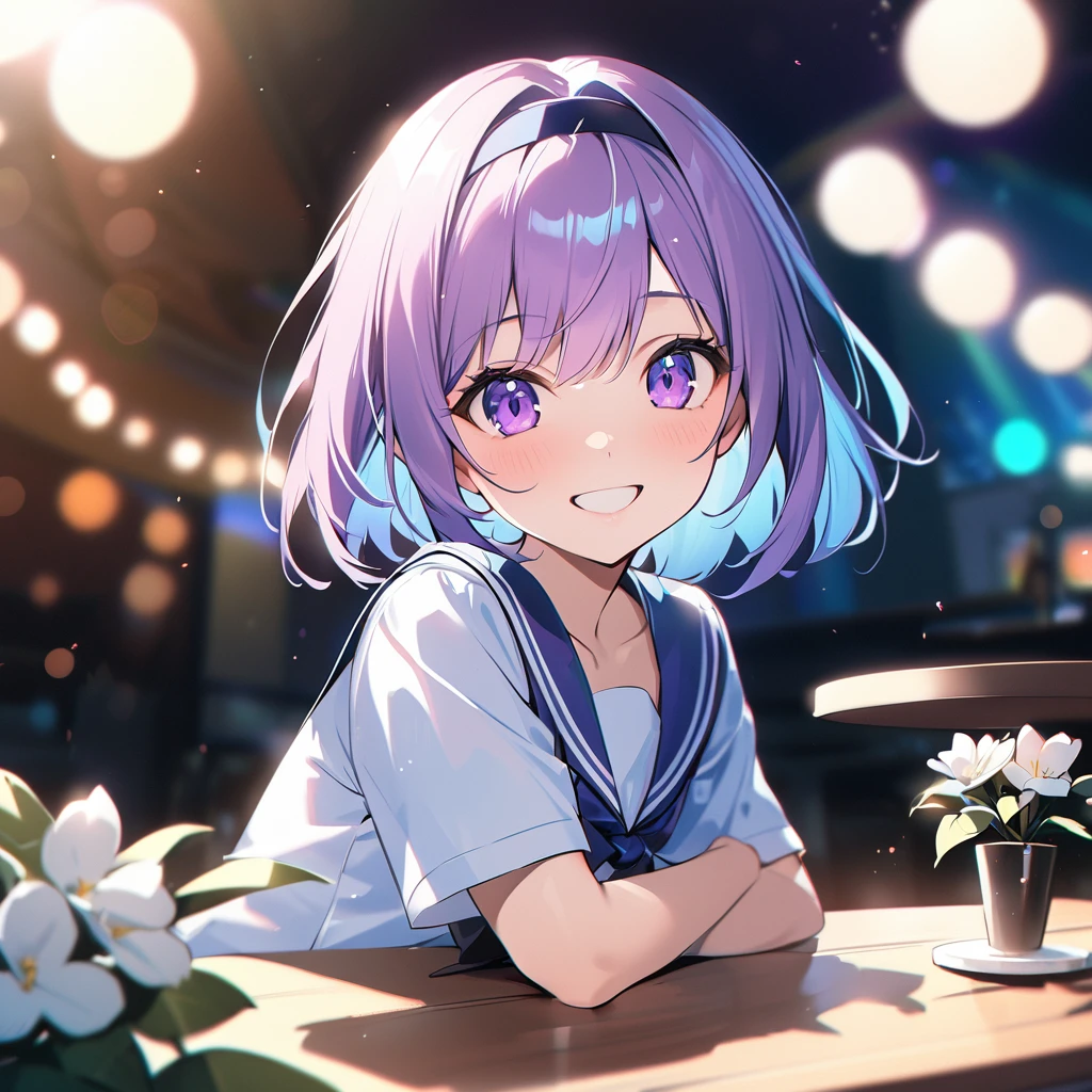 18-year-old Japan 、A beautiful park with blue sky as a background、A happy smile and an idol-like face、Short bob with a hairband、Smiling with teeth showing、Sailor suit、Tabletop, highest quality, 8k, Teen, alone,Violet, Gardenias, Delicate girl, Upper Body, Digital SLR, View your viewers, Frank, Sophisticated, Zola々right, Thin arms, Professional Lighting, Film Grain, chromatic aberration, (Eyes and facial details:1.0), (Bokeh:1.1)