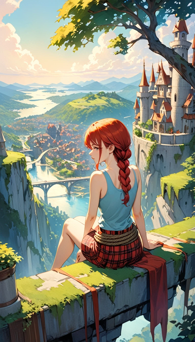 This image represents a beautiful scene from the fantasy world. It is during the day or early afternoon and the atmosphere is calm and great. In the foreground a female character appears sitting with her back to the viewer. She has long red braided hair and wears a plaid miniskirt with stockings and a tank top, very sexy, rope belt. In the background, we see a magnificent city built on a steep mountain or island. The city's architecture is reminiscent of the Middle Ages and the Renaissance, characterized by tall spiers and dense buildings and futuristic elements. High above the city, there are buildings that look like castles and palaces that rise above the rest. Below the city, there are lush green fields and scattered small buildings, which may be farms or towns. The landscape is lush and green with trees surrounding the settlements. Several ships are anchored at the foot of the mountains and islands, suggesting that the city is an important port city. The sky is light blue with very few clouds, indicating that it is daytime or early afternoon. The overall atmosphere is calm and grand, suggesting stories of adventure, exploration, or political intrigue in this fantasy world (art inspired by Bill Sienkiewicz). oil painting)