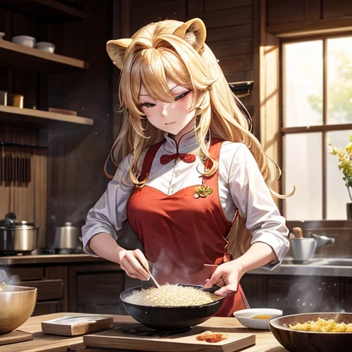 A blonde lion beast woman is making char siu　There is a bowl of rice