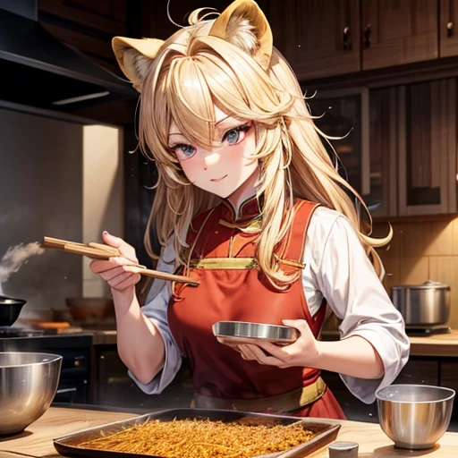 A blonde lion beast woman is making char siu There is a bowl of rice