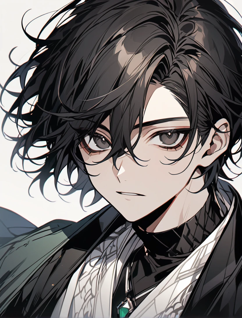 (black_hair), (short_hair), (deep_black_eyes), (Handsome), (Attractive), (male), (black_haori), (detailed_Hair), (detailed), (detailed_mouth), (Teenager), (dark_under_eyes), (gem_like_eyes), (whole_upper_body_image)