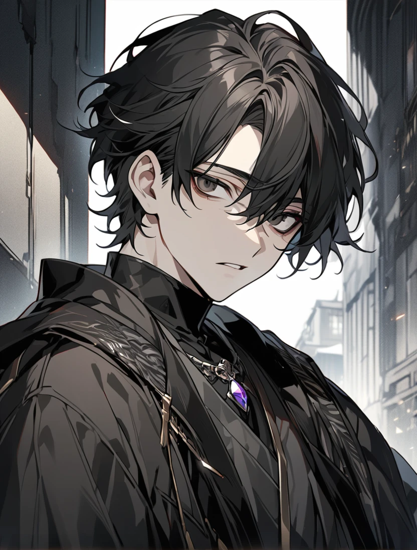 (black_hair), (short_hair), (deep_black_eyes), (Handsome), (Attractive), (male), (black_haori), (detailed_Hair), (detailed), (detailed_mouth), (Teenager), (dark_under_eyes), (gem_like_eyes), (whole_upper_body_image)