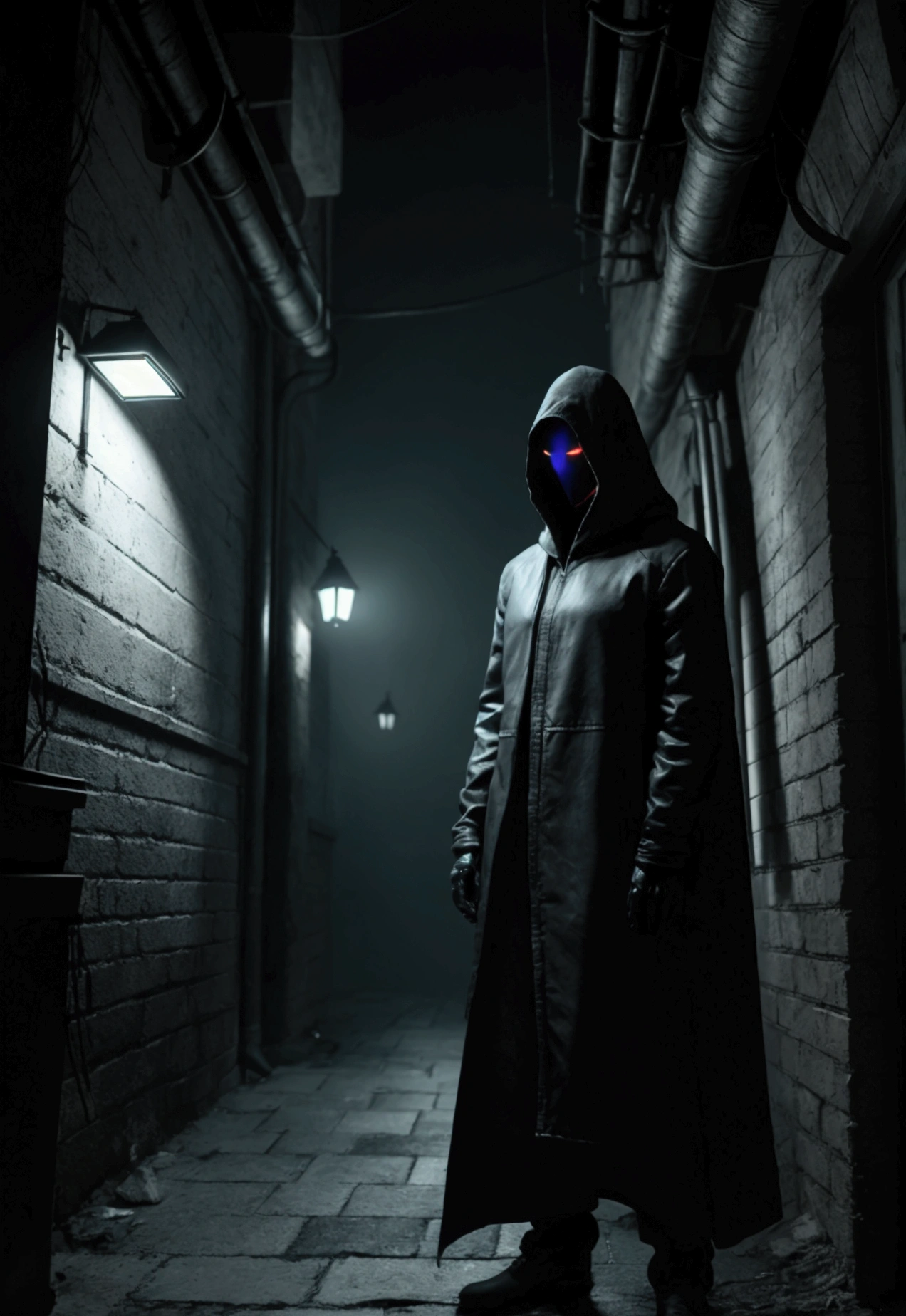 (best quality,4k,8k,highres,masterpiece:1.2),ultra-detailed,(realistic,photorealistic,photo-realistic:1.37),dark art,darkweb,evil hacker,anonymous mask,darkness,obscure,medium:oil painting,gritty textures,cyberpunk vibes,moody atmosphere,cybernetic enhancements,lurking shadows,dark alleyways,glowing neon lights,computer codes,ominous figures,secrecy and mystery,subtle hints of danger,digital glitch effects,haunting presence,haunted by past actions,cloaked in darkness,mind games,The art style should be a blend of dark and surreal elements, with a focus on capturing the essence of an evil hacker operating in the darkweb. The image should have a high level of detail and realism, portraying the character wearing an anonymous mask that conceals their identity. The use of dark and obscure elements will create an atmosphere of suspense and mystery. The lighting should be dim and moody, with shadows adding depth to the scene. The scene should be set in a dark alleyway, with glowing neon lights adding a cyberpunk touch. The hacker should be surrounded by computer codes, symbolizing their expertise in hacking. The art should also incorporate subtle glitch effects, representing the digital world they navigate. Overall, the image should evoke a sense of danger and secrecy, with the viewer feeling the presence of the evil hacker lurking in the shadows.