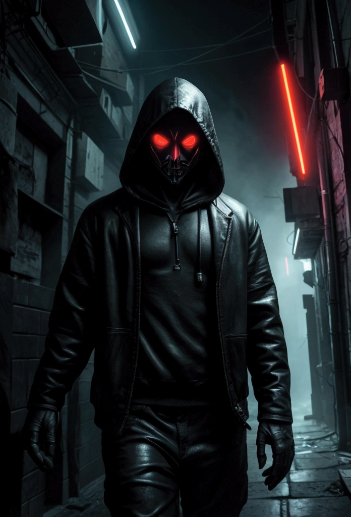 (best quality,4k,8k,highres,masterpiece:1.2),ultra-detailed,(realistic,photorealistic,photo-realistic:1.37),dark art,darkweb,evil hacker,anonymous mask,darkness,obscure,medium:oil painting,gritty textures,cyberpunk vibes,moody atmosphere,cybernetic enhancements,lurking shadows,dark alleyways,glowing neon lights,computer codes,ominous figures,secrecy and mystery,subtle hints of danger,digital glitch effects,haunting presence,haunted by past actions,cloaked in darkness,mind games,The art style should be a blend of dark and surreal elements, with a focus on capturing the essence of an evil hacker operating in the darkweb. The image should have a high level of detail and realism, portraying the character wearing an anonymous mask that conceals their identity. The use of dark and obscure elements will create an atmosphere of suspense and mystery. The lighting should be dim and moody, with shadows adding depth to the scene. The scene should be set in a dark alleyway, with glowing neon lights adding a cyberpunk touch. The hacker should be surrounded by computer codes, symbolizing their expertise in hacking. The art should also incorporate subtle glitch effects, representing the digital world they navigate. Overall, the image should evoke a sense of danger and secrecy, with the viewer feeling the presence of the evil hacker lurking in the shadows.
