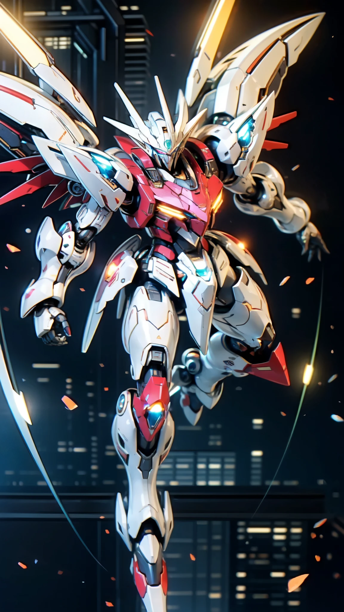 (masterpiece:1.5, best quality:1.5, extremely delicate:1.5), humanoid Mecha, fully enclosed shoulder guards, matching arm and leg guards, full body, full armor, the design balances heavy with agility, (the color scheme is primarily white with red and blue accents, the concept Inspired by Super robot, organic biotech armor, standing, floating high above the futuristic sci-fi city), exquisite and mature art style, (aura effect, energy, glowing eyes, the armor glows), ((SRS)), metallic, dramatic, high definition, highres, ultra-detailed, ultra-fine painting, professional, perfect body proportions, anatomically correct, symmetrical face, extremely detailed eyes and face, high quality eyes, creativity, RAW photo, UHD, 32k, Natural light, cinematic lighting, masterpiece-anatomy-perfect