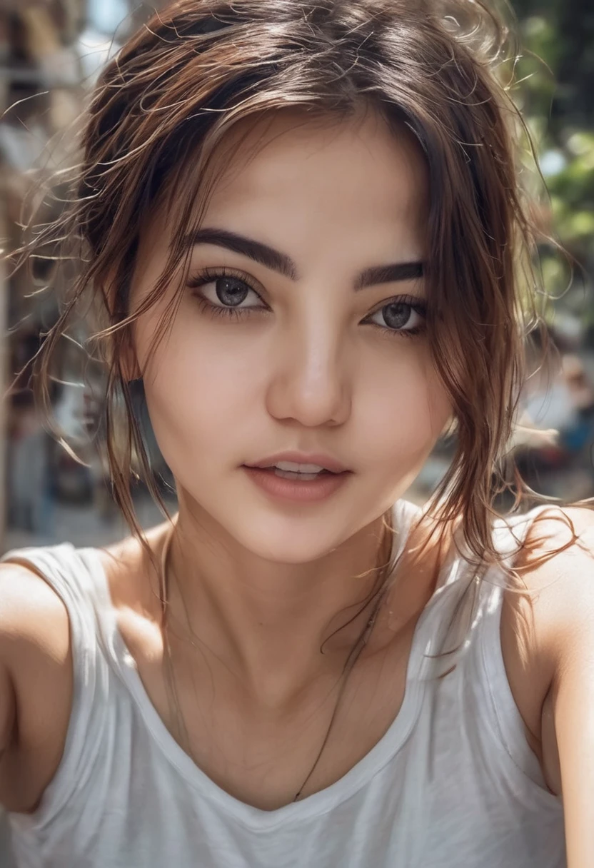 a girl take a selfie with a thin shirt , HIGHRES, clean face, with accurate face, solo, upper body, potrait, close up potrait, portait photo profile picture, REALISTIC , PHOTOREAL, messy hair, open mouth, perfect face, best image