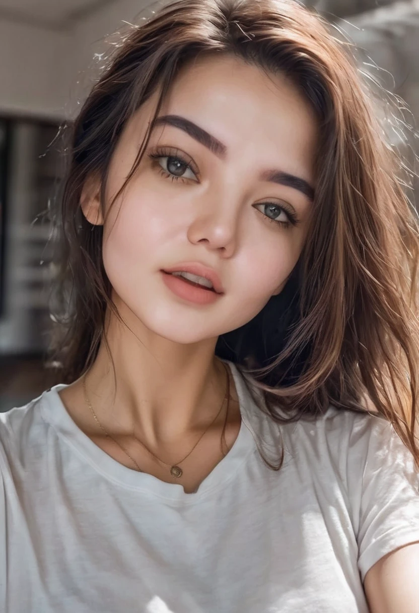 a girl take a selfie with a thin shirt , HIGHRES, clean face, with accurate face, solo, upper body, potrait, close up potrait, portait photo profile picture, REALISTIC , PHOTOREAL, messy hair, open mouth, perfect face, best image