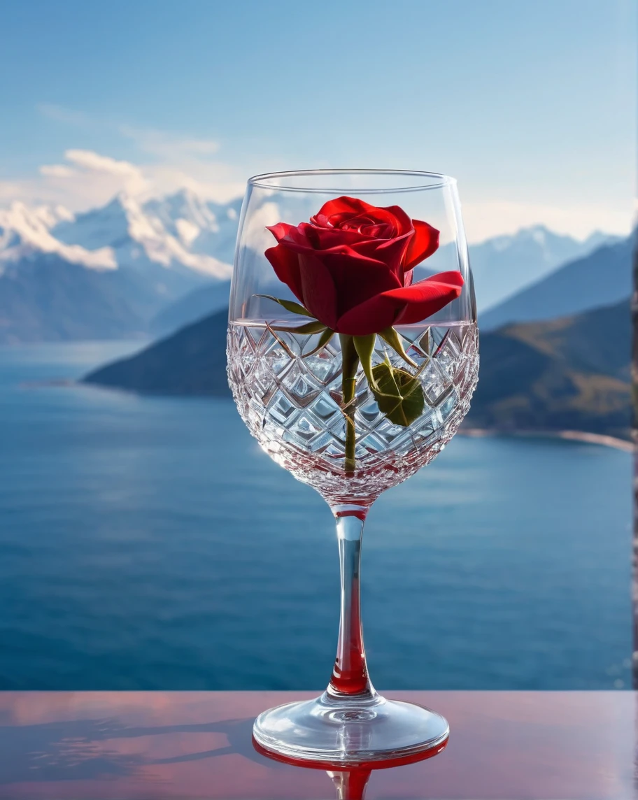 The sun in a crystal glass by the sea, against the background of the mountains, a glass of regular classical shape, opened from above, below, next to the glass, is a red rose, high-quality realistic photography