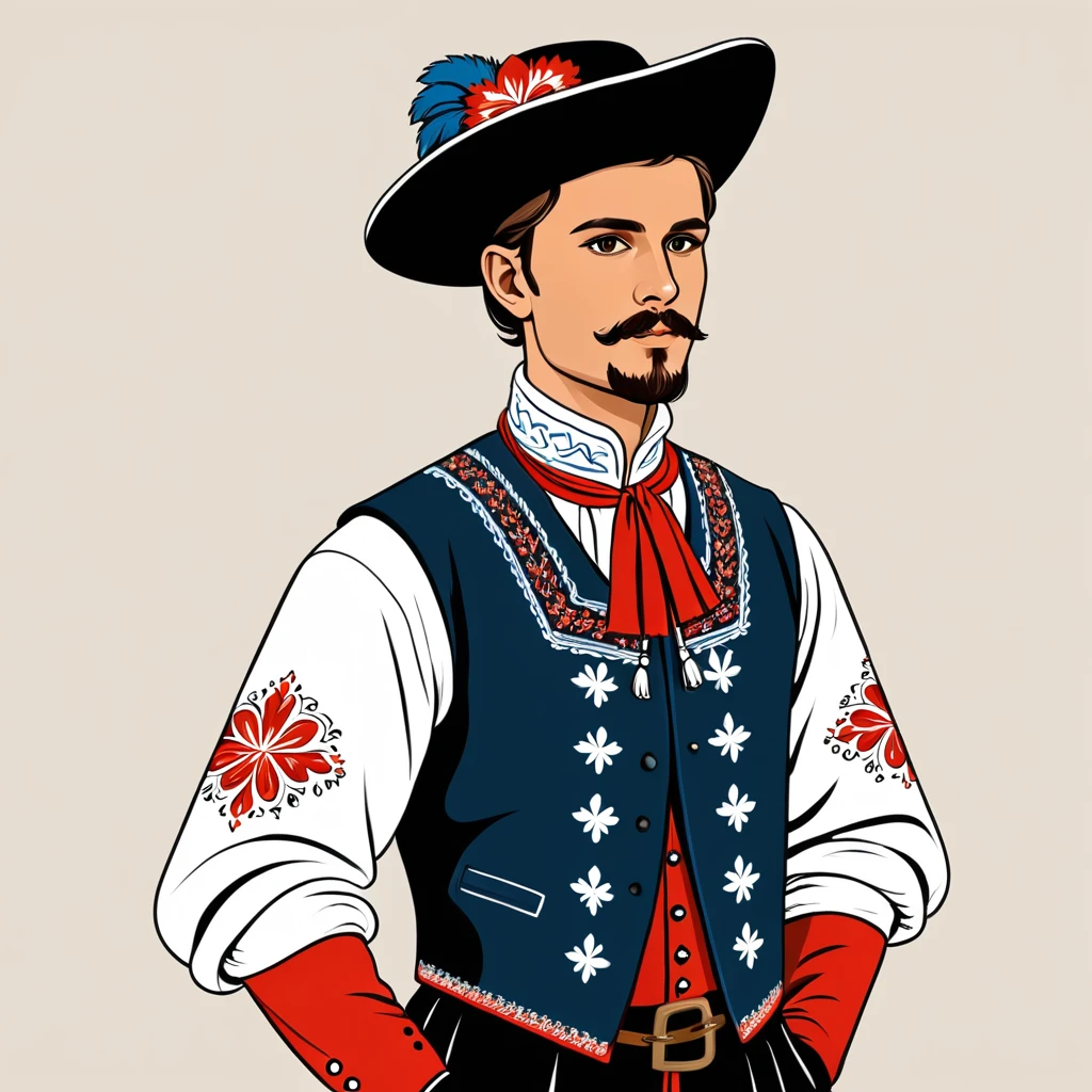 man in Czech Republic folk outfit, vector graphics, strong contours
