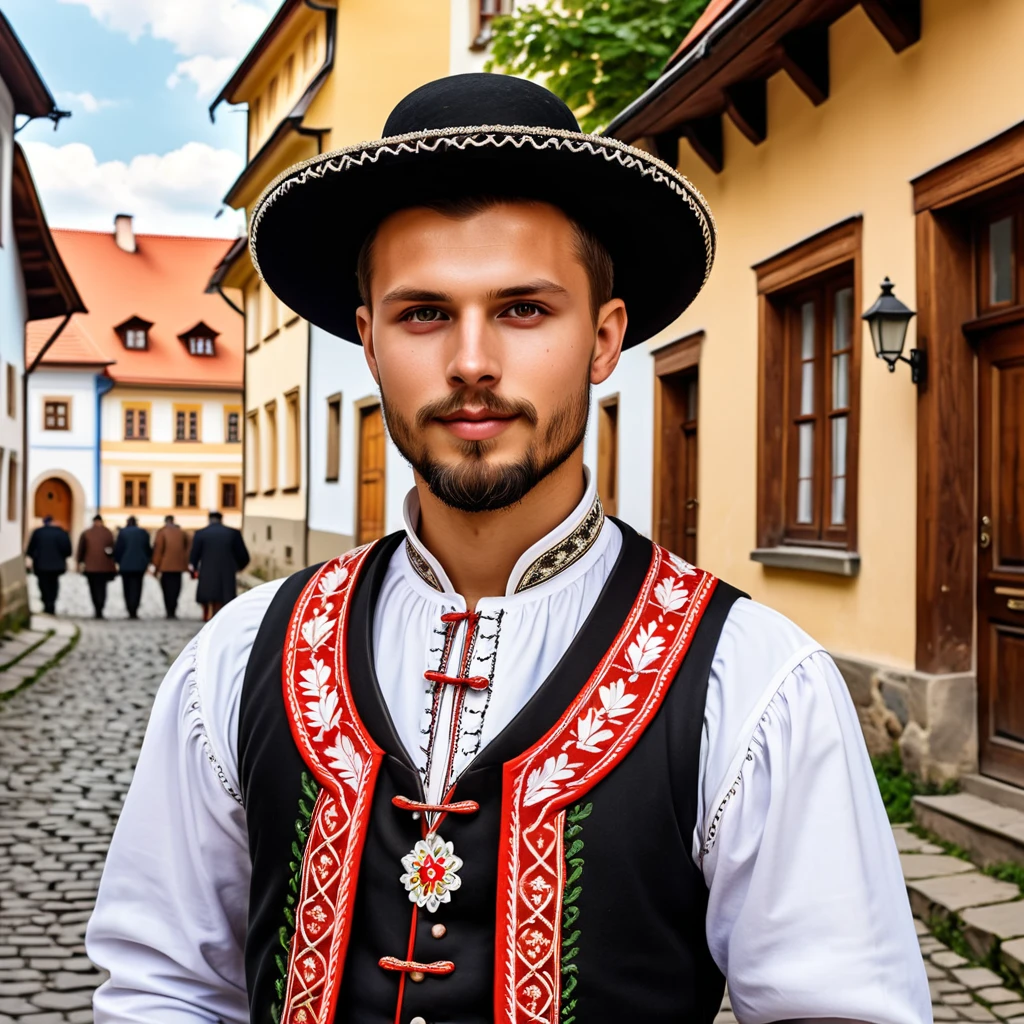 man in Czech Republic folk outfit, vector graphics, strong contours
