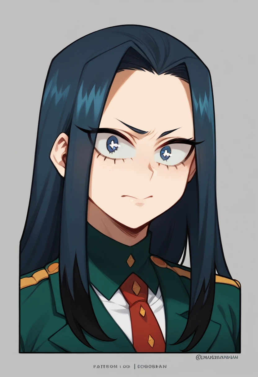 Create a My Hero Academia-style girl, with straight navy blue hair with black highlights, grayish blue eyes, with a gray, green uniform and a red UA tie, alpha eyes, long hair, somewhat serious expression.