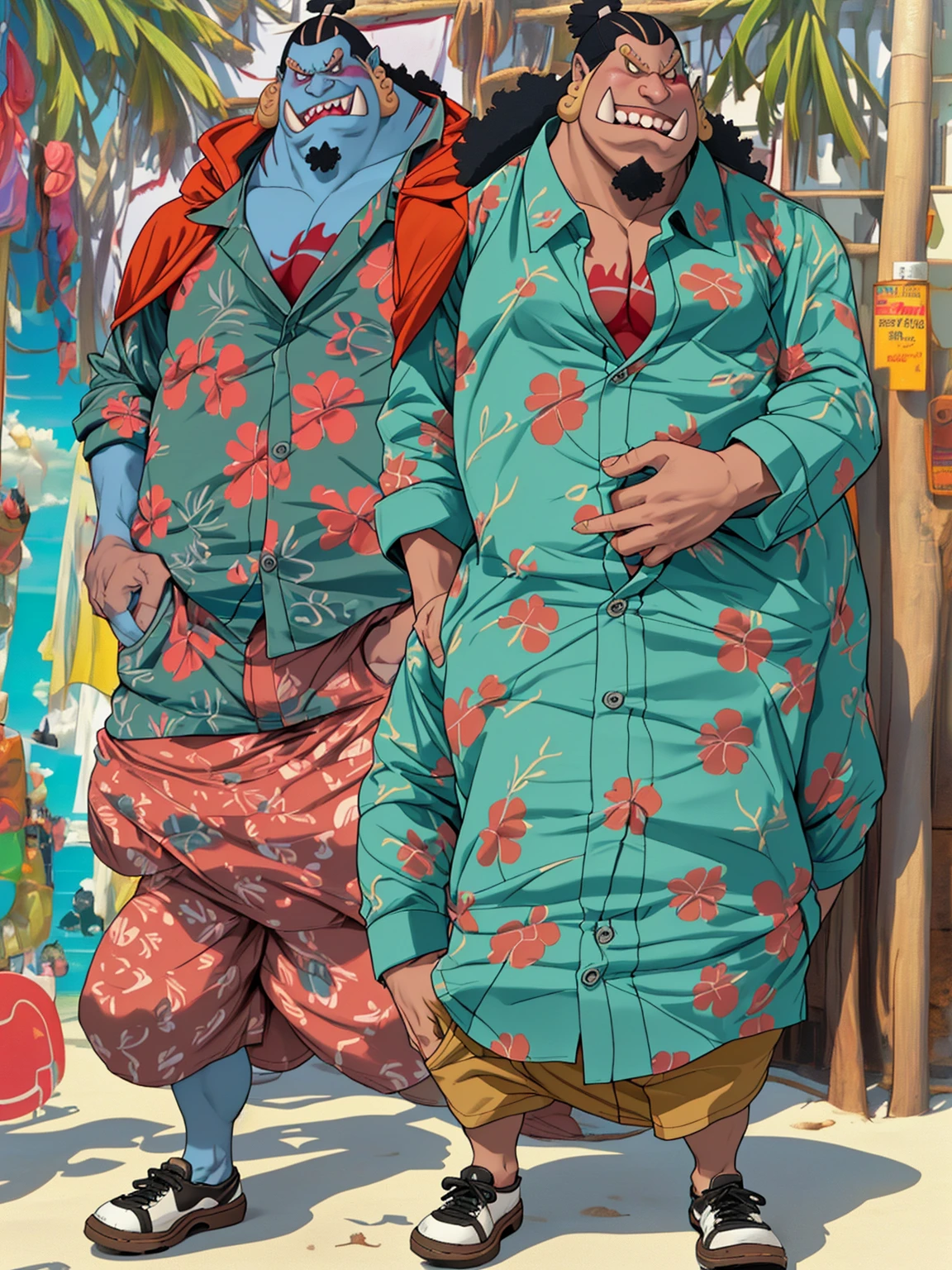 chubby man (jinbei) in street, blue skin, smile, muscular, pectoral, wide pectoral, beach, palm, realistic, 8k, masterpiece, (wearing shorts and Hawaiian shirt, shoes), Jinbei