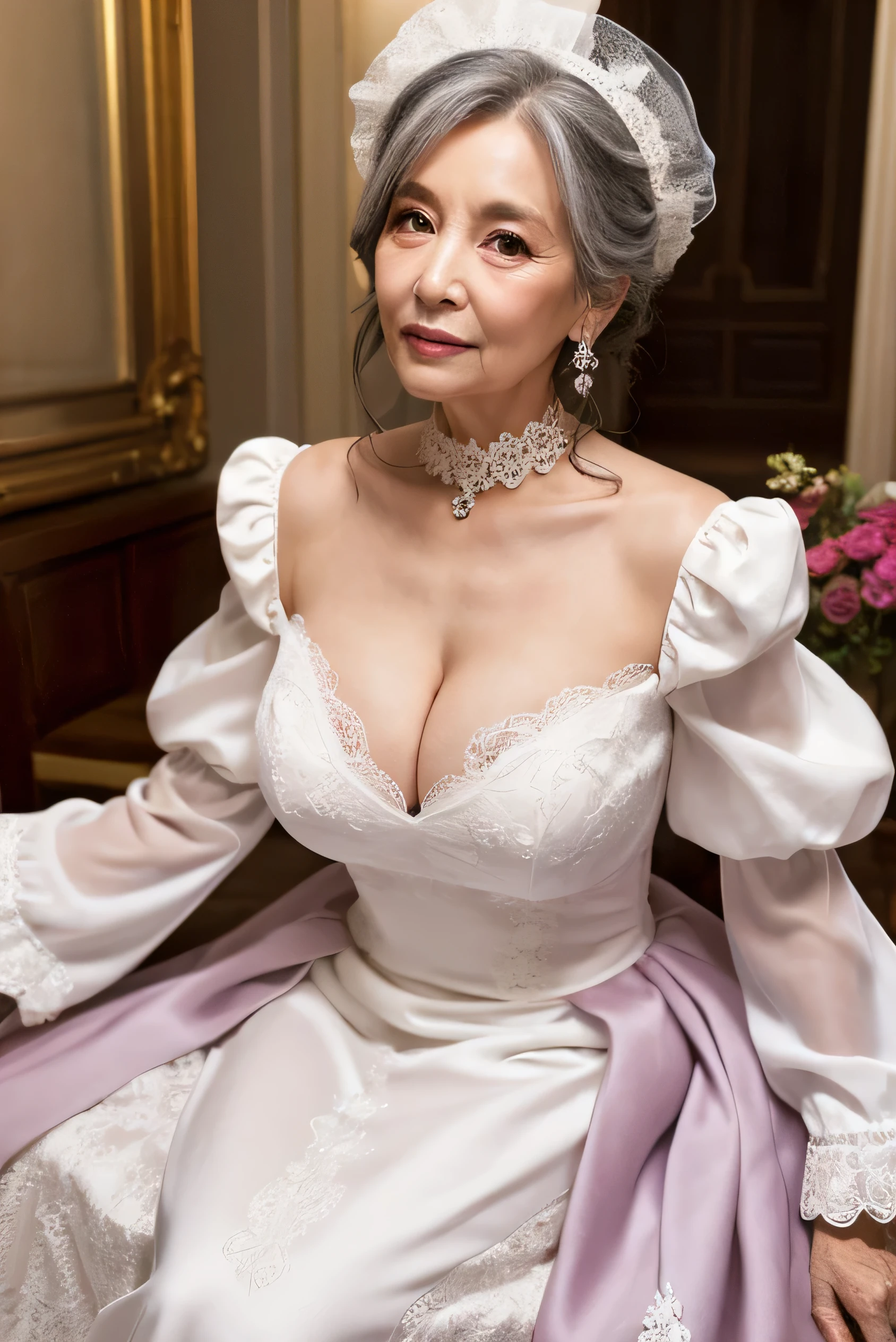 80-year-old woman、Facial wrinkles、beauty、rauall gown, Sweet ta, Puff sleeves,Big Breasts
