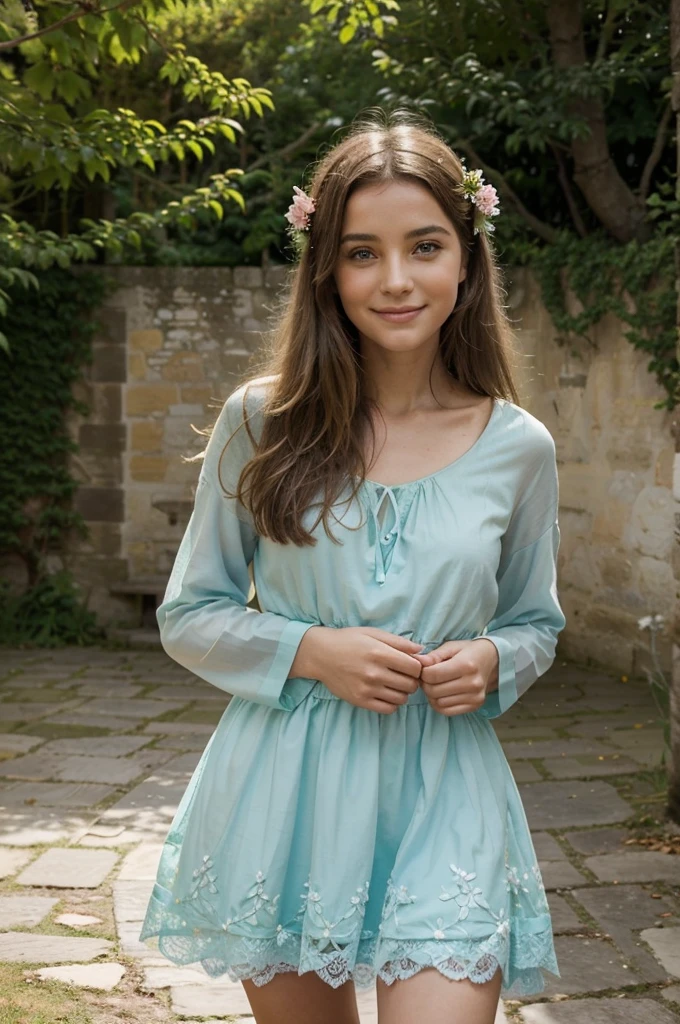 "Créez une image réaliste et artistique d'une jeune femme, avec des cheveux longs et bouclés, de couleur châtain clair. Elle porte une robe fluide et élégante, de couleur pastel, qui flotte légèrement autour d'elle. La scène se déroule dans un jardin luxuriant en été, avec des fleurs colorées et des arbres verdoyants en arrière-plan. La lumière du soleil traverse doucement les feuillages, créant un jeu d'ombres et de lumières sur son visage. La jeune femme a un sourire doux et bienveillant, et ses yeux pétillent de joie et de sérénité."