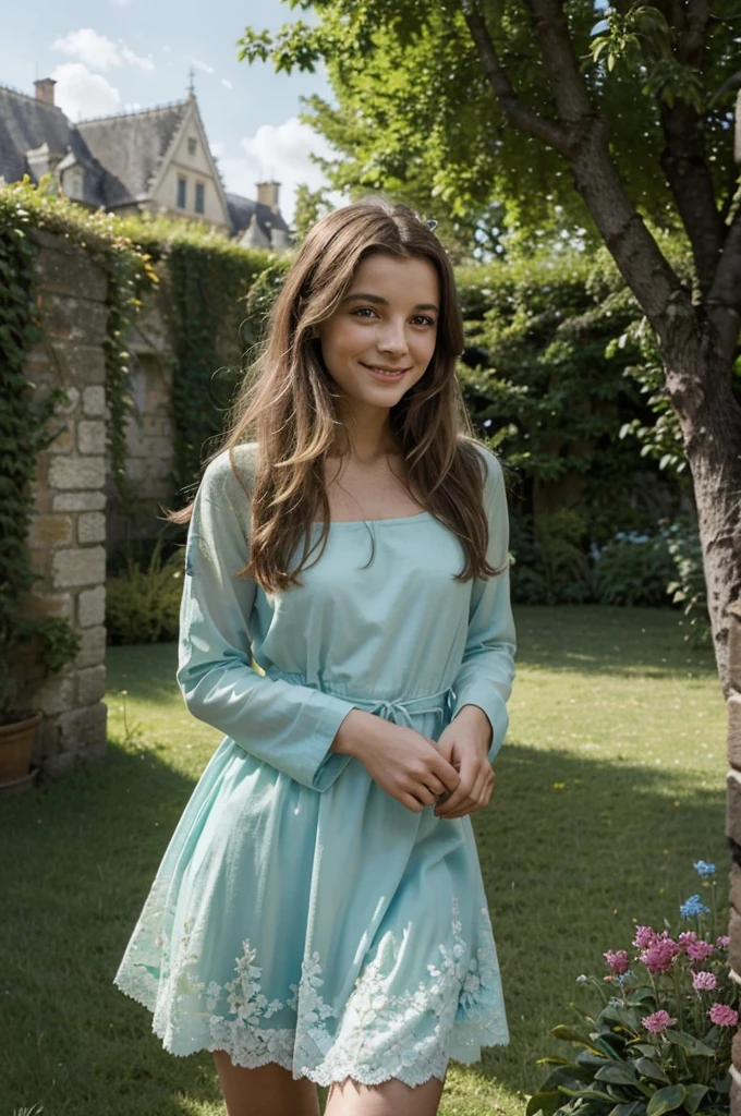 "Créez une image réaliste et artistique d'une jeune femme, avec des cheveux longs et bouclés, de couleur châtain clair. Elle porte une robe fluide et élégante, de couleur pastel, qui flotte légèrement autour d'elle. La scène se déroule dans un jardin luxuriant en été, avec des fleurs colorées et des arbres verdoyants en arrière-plan. La lumière du soleil traverse doucement les feuillages, créant un jeu d'ombres et de lumières sur son visage. La jeune femme a un sourire doux et bienveillant, et ses yeux pétillent de joie et de sérénité."