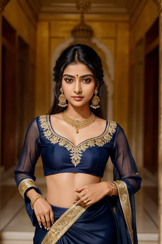 Rhea Sen plays a beautiful 21-year-old woman, She is wearing a gorgeous navy blue ghagra and long blouse, Eye mascara, eye shadow, Long eyelashes, Gold Jewelry, Stand in the palace, Front view.