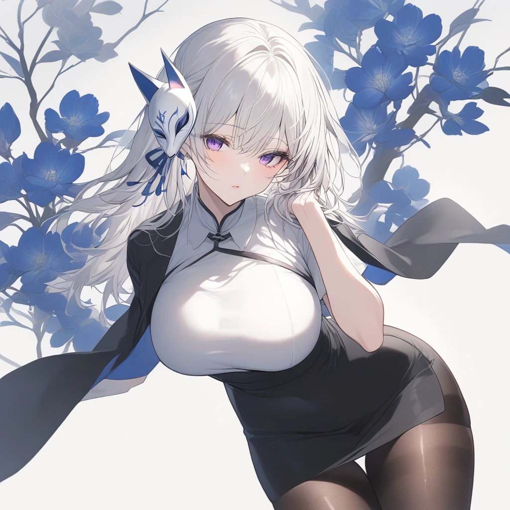 A 17-year-old girl with long, straight white hair and beautiful purple eyes. Her face is stunning, with lovely lips and a curvaceous figure. She has large breasts, a slender waist, and slightly wide hips, with smooth and toned thighs. She's wearing tight black stockings, a black skirt, and a white shirt, with a black cape draped over her shoulder. On one side of her face, she wears a kitsune-inspired mask. The overall style is reminiscent of anime and would be perfect for a Vtuber."