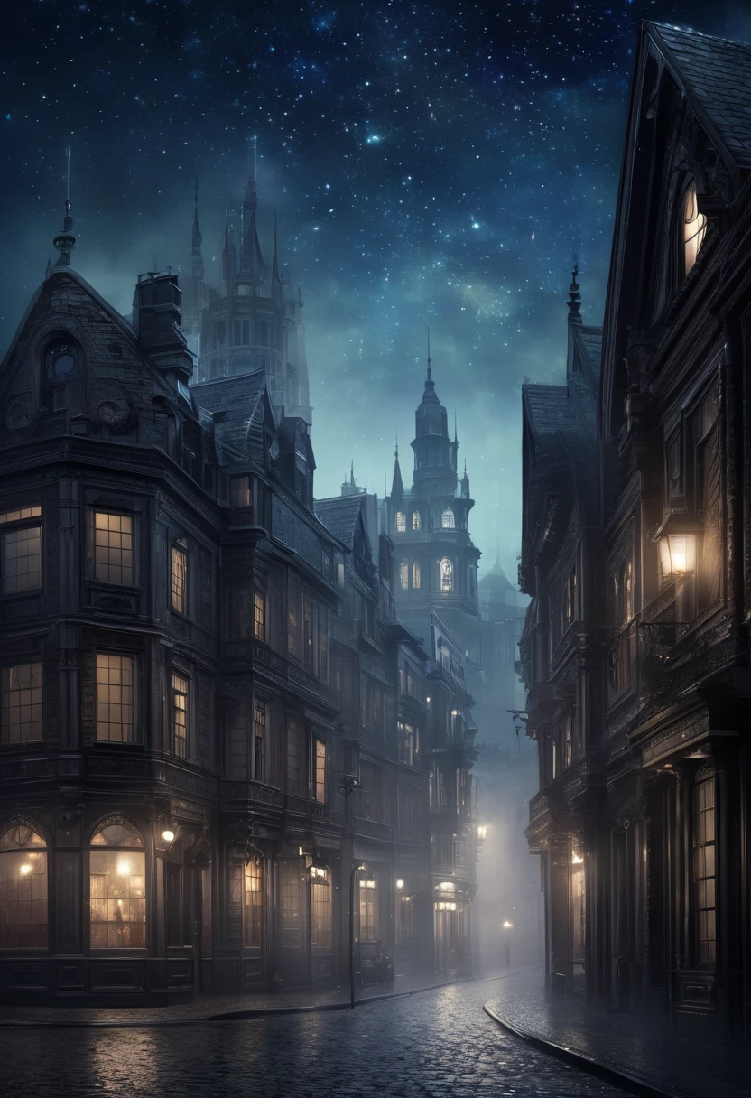 Foggy city, dark fantasy, starry sky, Victorian, white buildings