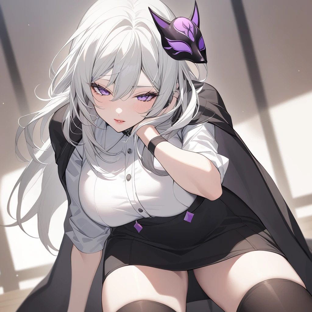 A 17-year-old girl with long, straight white hair and beautiful purple eyes. Her face is stunning, with lovely lips and a curvaceous figure. She has large breasts, a slender waist, and slightly wide hips, with smooth and toned thighs. She's wearing tight black stockings, a black skirt, and a white shirt, with a black cape draped over her shoulder. On one side of her face, she wears a kitsune-inspired mask. The overall style is reminiscent of anime and would be perfect for a Vtuber."