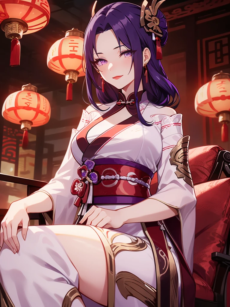 score_9, score_8_up, score_7_up, score_6_up, score_5_up, score_4_up, Raiden shogun, purple eyes, purple long hair, tied hair, hair in a bun, hairpin, traditional Chinese red wedding hanfu dress, Yourqipao Red Embroidery Chinese Xiuhe Hanfu Women's Satin Cheongsam Ancient Traditional Chinese Bride, Wedding Dress, Long Dresses, long earrings, red lipstick, detailed eyes, traditional wear, sexy attractive, hot, traditional, smiling widely, happy, blushing, lotuses, sitting,