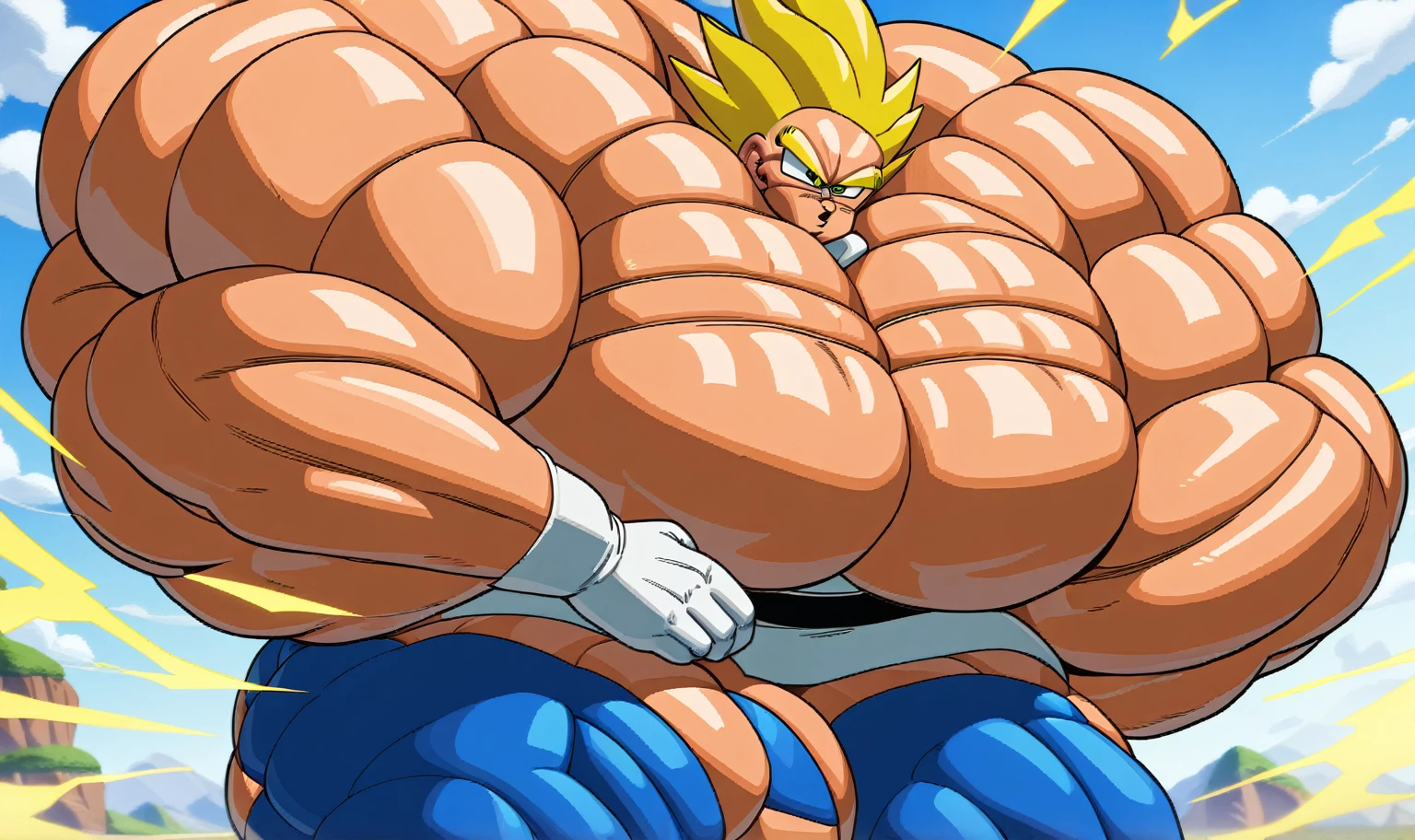 1boy, Vegeta, from Dragon Ball Z, masterpiece, best quality, very aesthetic, absurdres, saiyan, green eyes, spiked hair, (yellow hair:1.5), yellow eyebrows, shirtless, blue skintight pants, white gloves, (huge muscles:3.8), dragonballartstyle, in the style of Akira Toriyama, white tiled floor, outdoors, flat-top mountains, yellow aura, electricity, (thick thighs:3.5), (small nipples:1.3)