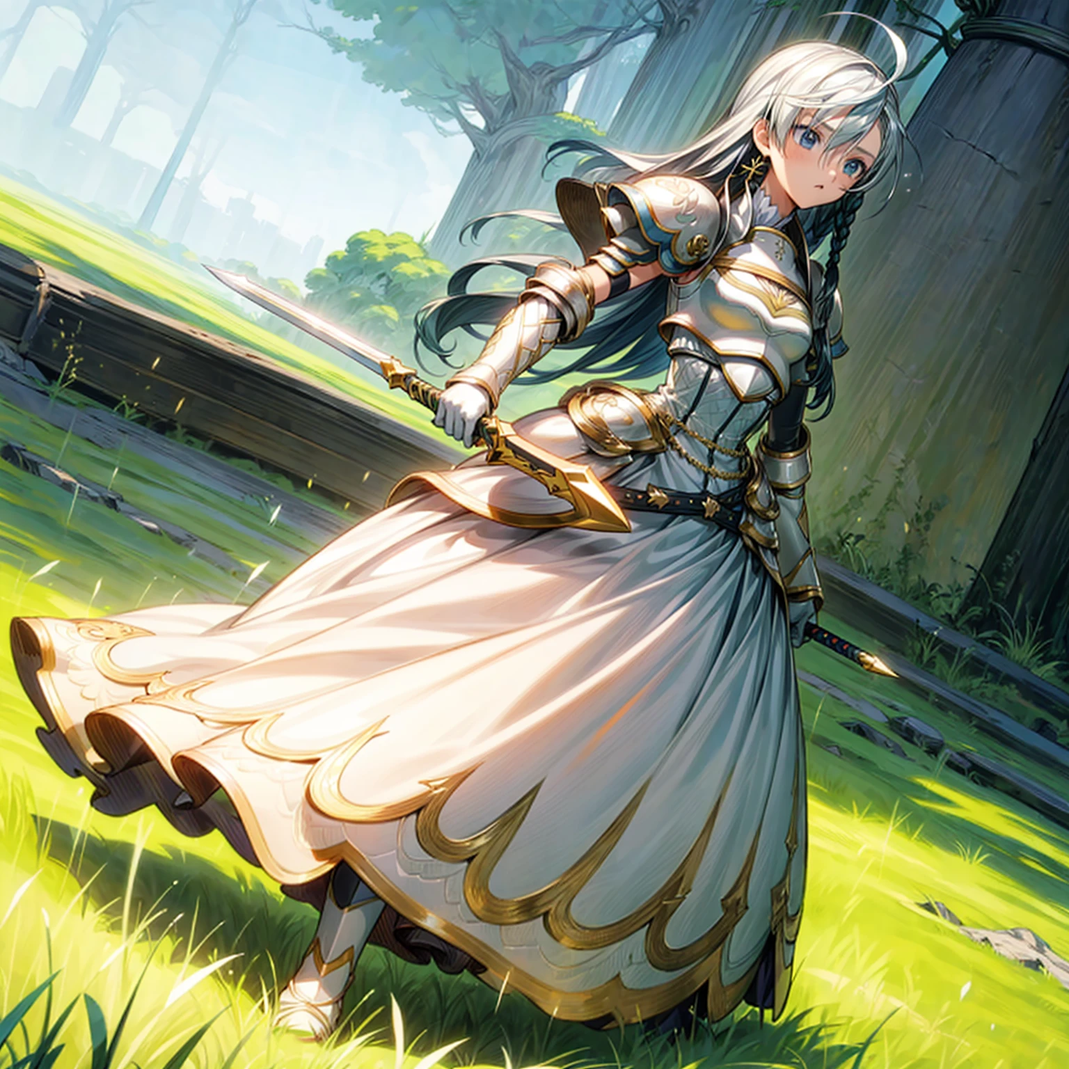 1girl, Full body version, 1character, children version, blue eyes color, long haircut, white colour hair, formal style clothing, medieval gold armour, one gold sword in hand, Grassroots, background in green field, motion blur, battle gesture, lighting sword, smoke, fire lighting, fire, masterpiece, (Hunter x Hunter style art)