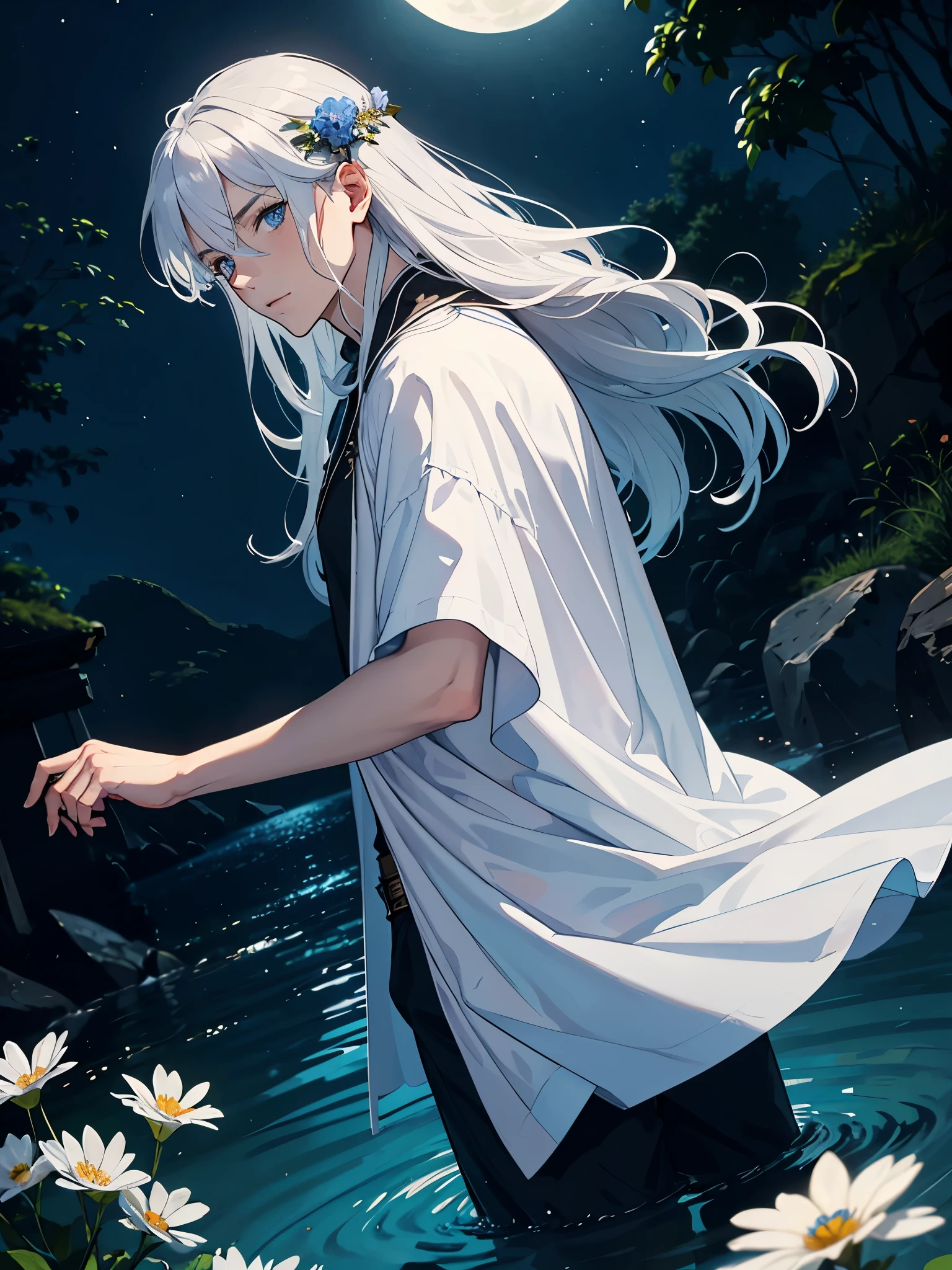 Blaue Augen. Jünger. Mehr anime. Male. Light Blue flowers. Long hair. long white hair. aquatic, boy, God of the Moon, silver hair accessories, White hair, White dress, cape, at night.