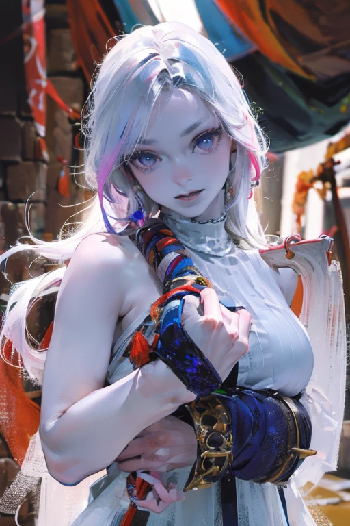 (((8k))),((Extremely meticulous CG)) ,(wallpaper),16k,((Extremely refined and beautiful))，(((Masterpiece))),(((best qualtiy))),(((Ultra High Resolution))),beautiful light up，Perfect lightning，realistic shaded，[A high resolution],(Smooth and flawless fair skin:1.5),(pale skin:1.3),Extremely exquisite facial details,(perfect body：1.1),ultra - detailed,A beautiful

A colourful-haired girl wears viking helmet wields the Heavy Thrusting Swords from within the Elden Ring in a reverse grip.