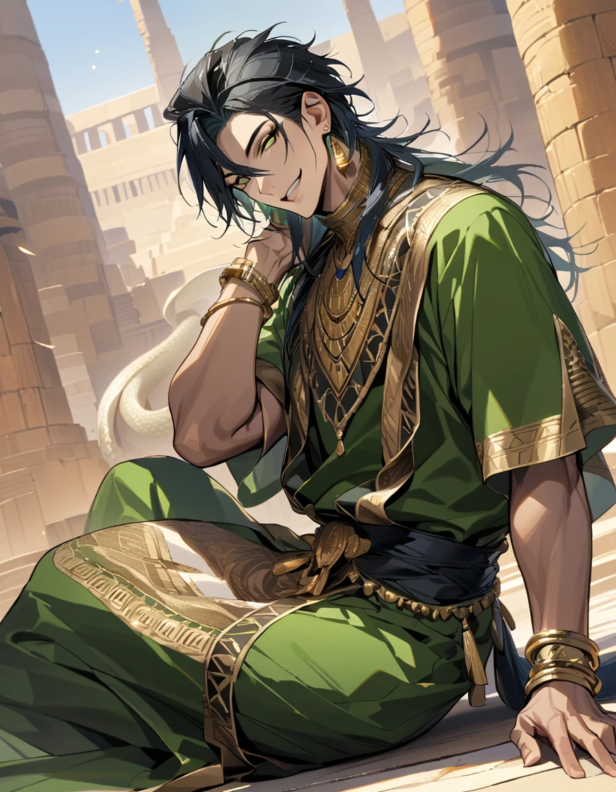 masterpiece, highres, absurdres, illustration, ((masterpiece:1.4, best quality)), (Ultra detailed background), 1boy, handsome man, highly detailed beautiful face and eyes, beautiful eyes, (sharp detail:1.3), shiny, earrings , bracelet, (bare torso:1.3), 1boy, sitting on floor, dynamic angle, full body, brown skin, black, gold, green, long hair, black hair, voluminous hair, bishounen, boy, male, yana Toboso style, long hair, black hair, green eyes, smile, handsome, muscular, tall, egypt, egyptian style, green clothing, soft fabric, snake, snake tail