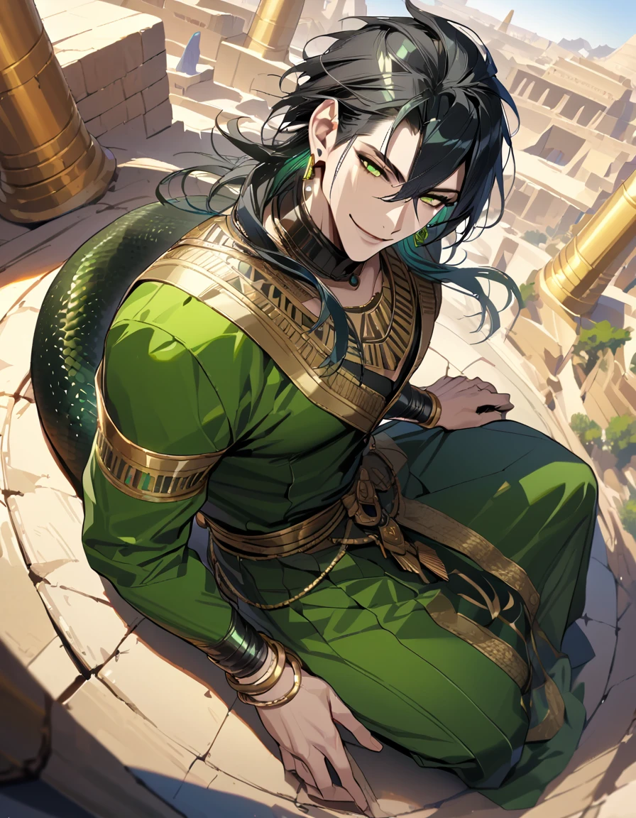 masterpiece, highres, absurdres, illustration, ((masterpiece:1.4, best quality)), (Ultra detailed background), 1boy, handsome man, highly detailed beautiful face and eyes, beautiful eyes, (sharp detail:1.3), shiny, earrings , bracelet, (bare torso:1.3), 1boy, sitting on floor, dynamic angle, full body, brown skin, black, gold, green, long hair, black hair, voluminous hair, bishounen, boy, male, yana Toboso style, long hair, black hair, green eyes, smile, handsome, muscular, tall, egypt, egyptian style, green clothing, soft fabric, snake, snake tail