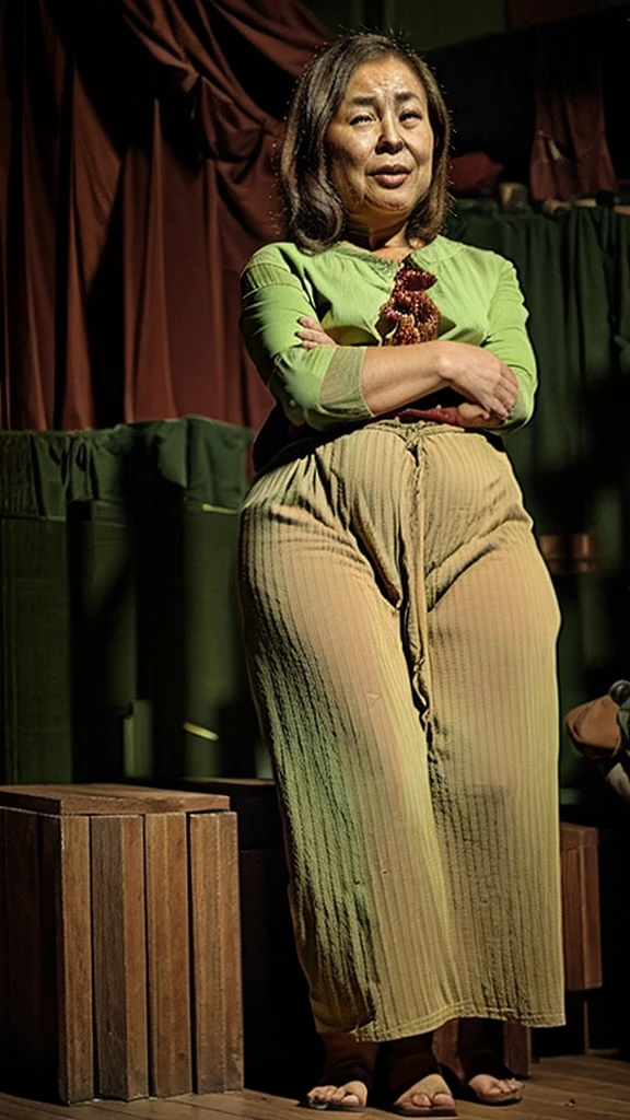 Indonesian girl aged 40, wearing green factory clothes, with big breasts, only wearing a slapstick, expressive expression, sitting on the sofa.