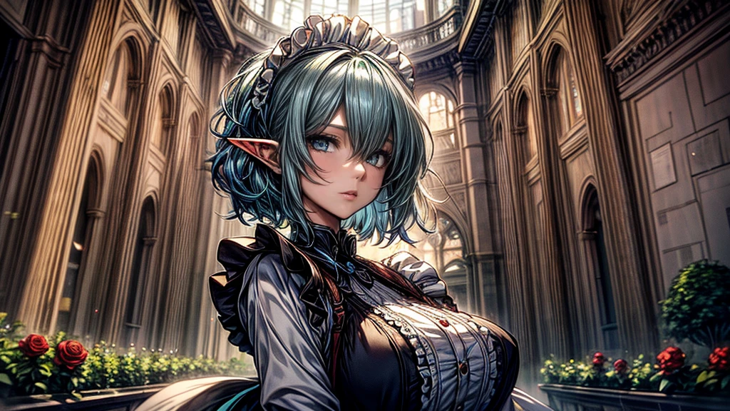 blue hair, medium hair, floating hair, big hair, eyeball, blue eyes, high detailed eyes, long pointy ears, anime, by Alfons Mucha, blending, masterpiece, accurate, textured skin, best quality, highres, super detail, 8k,elf, mature lady, maid, Maid outfit, frilly apron, (Rose Garden), red roses
