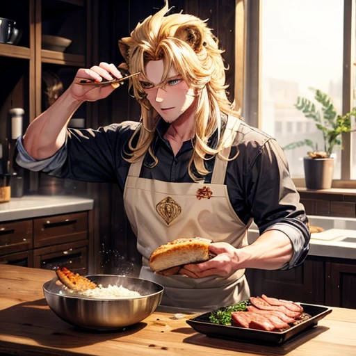 A beautiful blonde lion beastman is making pork loin cutlet　There is a bowl of rice