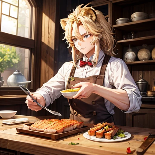 A beautiful blonde lion beastman is making pork loin cutlet　There is a bowl of rice