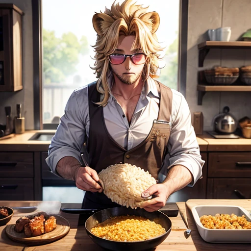 A beautiful blonde lion beastman is making pork loin cutlet There is a bowl of rice