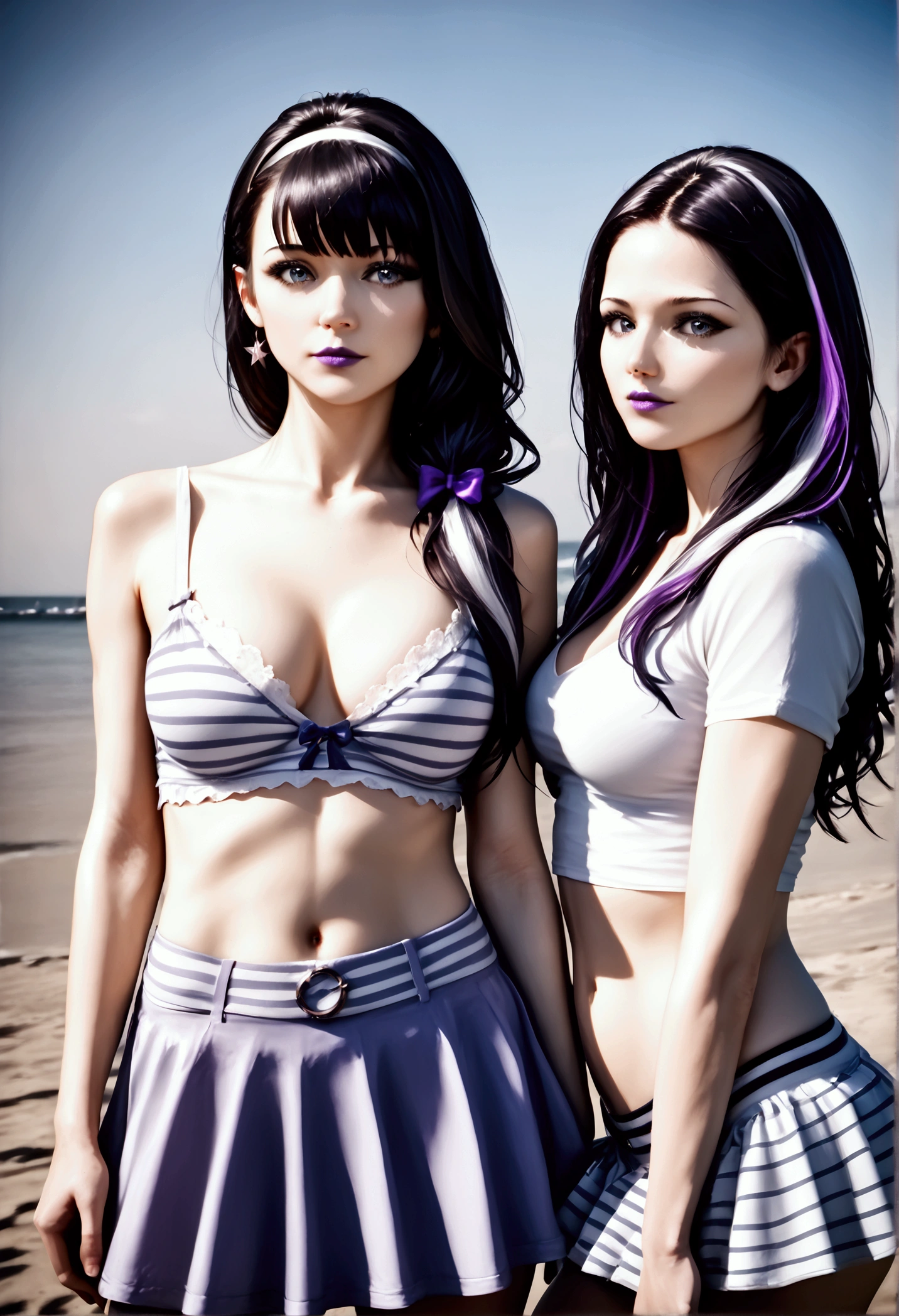 a beautiful woman with black and white striped hair, pale white skin, gray eyes, standing with a big chest, beautiful body, purple lips, wearing a thong and short patterned skirt, light top, (best quality,4k,8k,highres,masterpiece:1.2),ultra-detailed,(realistic,photorealistic,photo-realistic:1.37),portrait