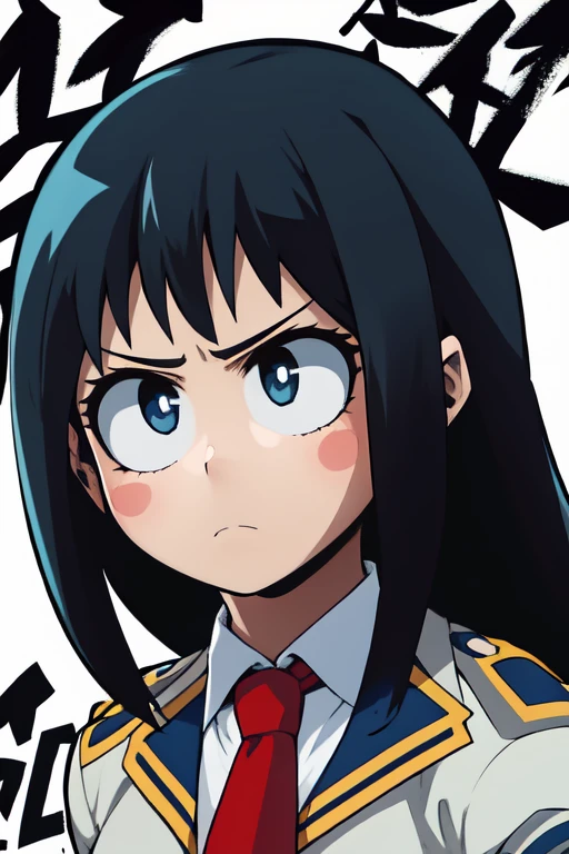 Create a My Hero Academia-style girl, with straight navy blue hair with black highlights, grayish blue eyes, with a gray, green uniform and a red UA tie, alpha eyes, long hair, somewhat serious expression.
