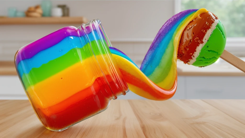 on a wooden table, glass jar with rainbow peanut butter, ice cream dipped in rainbow peanut butter, rainbow peanut butter stretch. against the background of the kitchen .beautiful lighting, Beautiful sunlight, bright lighting, Realistic style , realistic texture, detailed texture, a high resolution, high quality, ultra hd 4k,
