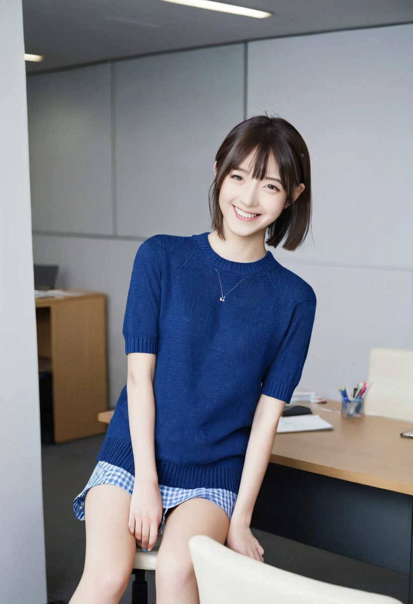 2 girls, office, (standing:1.1), 22-year-old, (Small breasts:1.3),(skinny:1.2),(short sleeve blue sweater:1.2),AKB48,nogizaka46,smile,beautiful girl,highest quality,High resolution,be familiar with,perfect anatomy,beautiful and fine eyes,office Chair,office Desk,laptop,bob cut,(smile:1.2),(open legs:1.3),(fullnude:1.8),(show pussy:1.6),(cowboyshot:1.2),