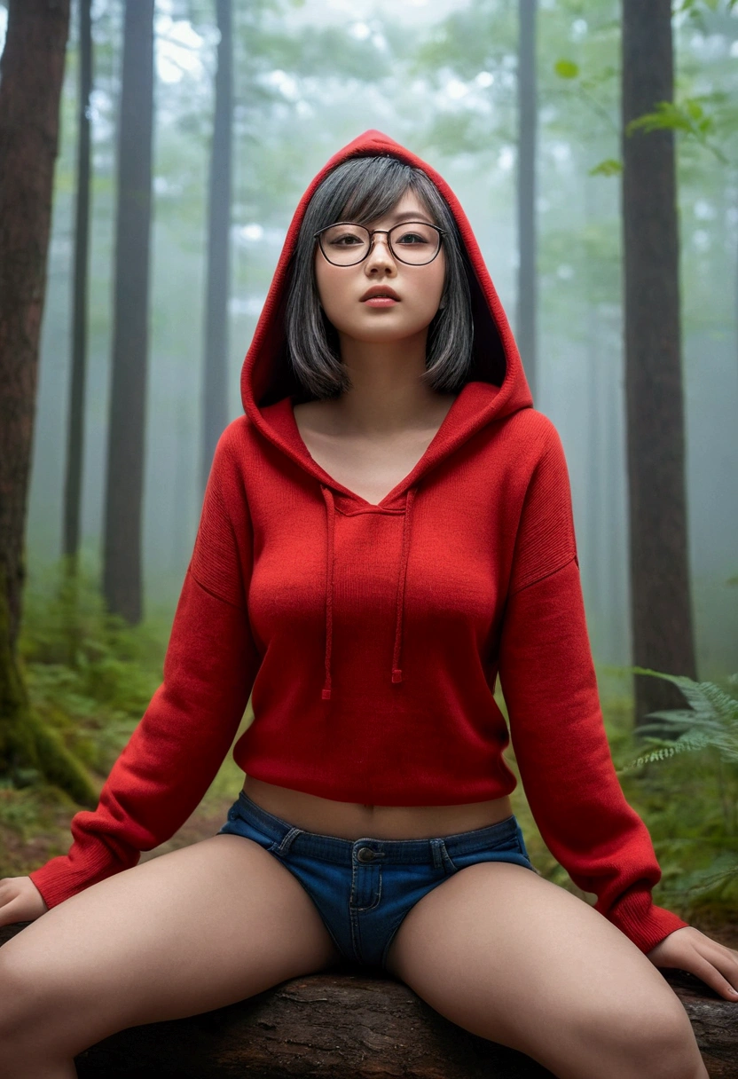 Photorealistic, (close up:1.3), low angle, (seen from below), a japanese young woman with hood, (long sleeve (red sweater:1.2), oversized jeans), a hyperrealistic beautiful young girls with grayish blue eyes in glasses, natural sagging breast, high detailed official artwork, beautiful girls with slim fit body and busty posture, long legs, attractive young woman, (atractive poses:1.3, crossed arm hold on the breast), at bench in the (natural foggy forest:1.2), natural background, dubnitskiy david fanart, realistic portrait, smooth photorealistic, perfect visual of a cute girls, cute girls with skinice soft face, face focus, makoto shinkai and artgerm, photon mapping, natural light, warm color tones, vivid colors, cool ambient, foggy atmosphere, without pants, sitting on the ground with legs spread open, naked, showing private part, showing private part in detail