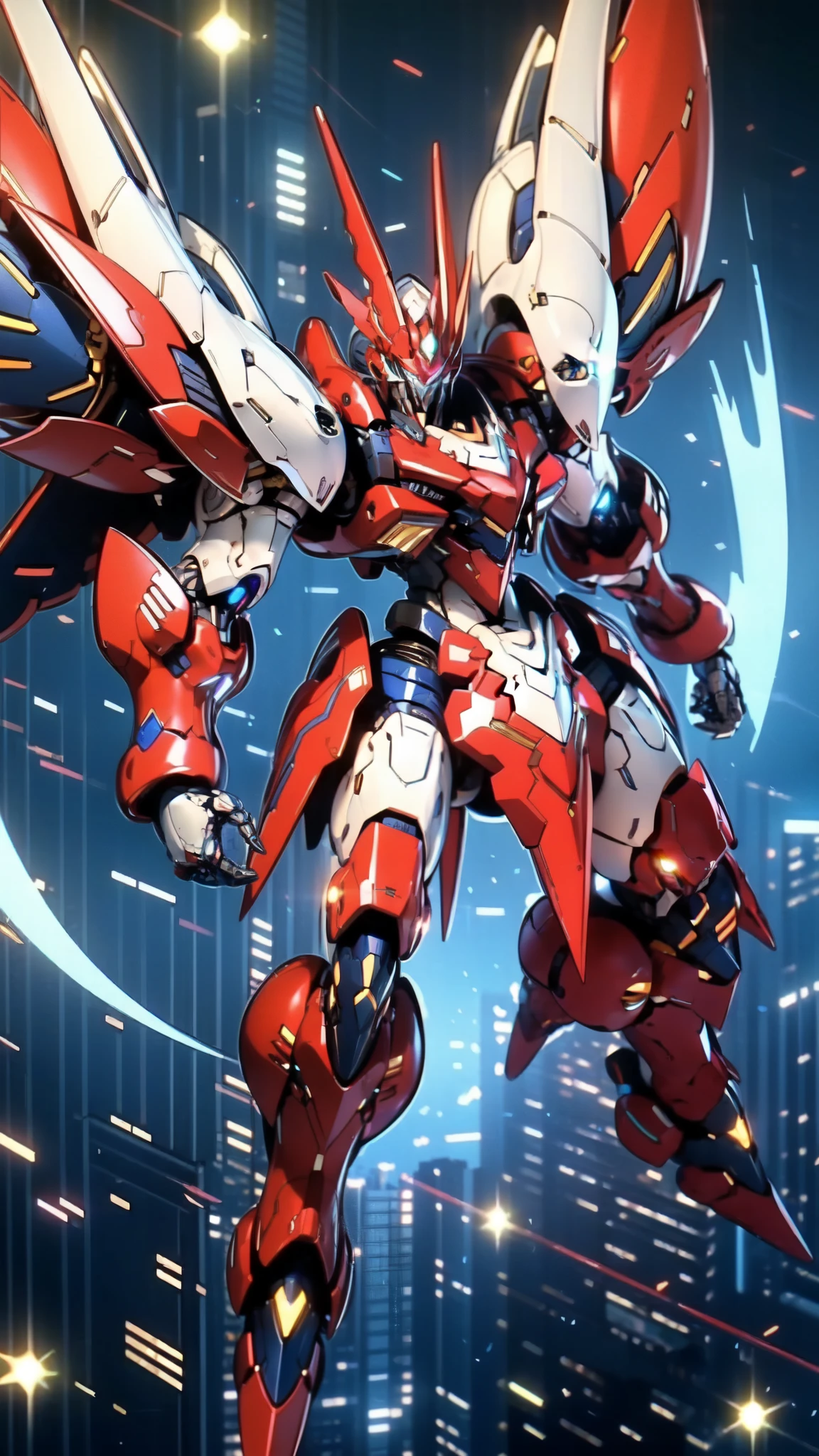 (masterpiece:1.5, best quality:1.5, extremely delicate:1.5), humanoid Mecha, fully enclosed shoulder guards, matching arm and leg guards, full body, full armor, the design balances heavy with agility, (the color scheme is primarily white with red and blue accents, the concept Inspired by Super robot, organic biotech armor, standing, floating high above the futuristic sci-fi city), exquisite and mature art style, (aura effect, energy, glowing eyes, the armor glows), ((SRS)), metallic, dramatic, high definition, highres, ultra-detailed, ultra-fine painting, professional, perfect body proportions, anatomically correct, symmetrical face, extremely detailed eyes and face, high quality eyes, creativity, RAW photo, UHD, 32k, Natural light, cinematic lighting, masterpiece-anatomy-perfect