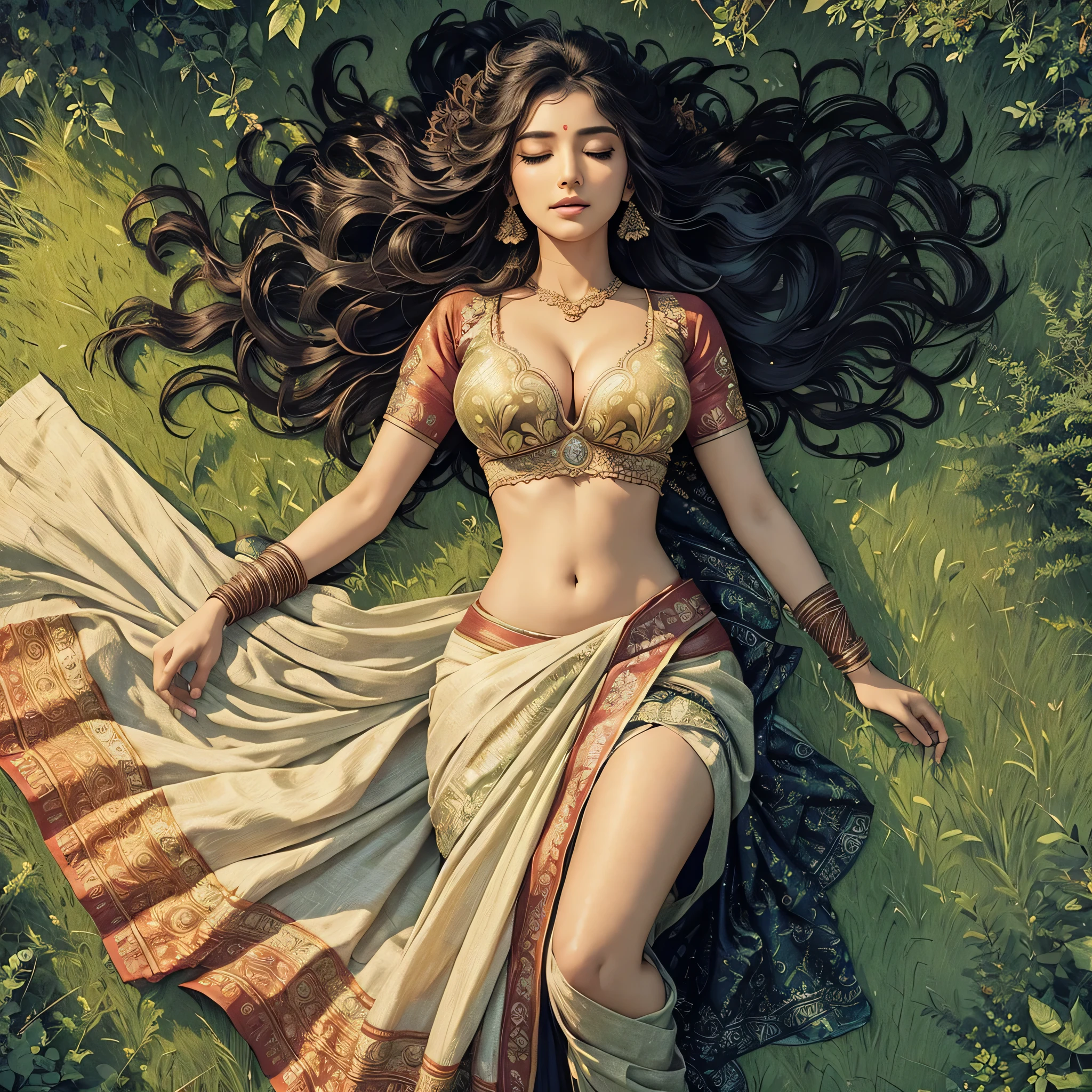A depiction of a 35-year-old woman sleeping gracefully on a bed of grass in a serene forest. She is dressed in a black dhoti and choli, the lush green background. The scene exudes a sense of tranquility and natural beauty, with the woman's peaceful expression reflecting her connection to nature. The forest surrounds her with tall trees and dappled sunlight filtering through the leaves, creating a picturesque setting. The art style should be delicate and detailed, capturing the intricate embroidery of the lehnga choli and the textures of the natural environment. The lighting should be soft and natural, enhancing the serene atmosphere of the scene. The camera angle should emphasize the woman's graceful pose and the harmonious blend of her attire with the natural surroundings. ((Big breasts)), (( big open cleavage)), ((big breasts filled with milk))