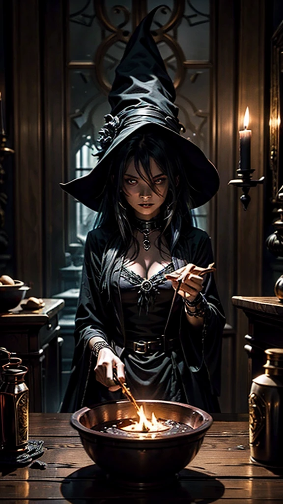 a dark witch casting a dark spell with a small cauldron on the table, behind her a demonic figure dominates the scene