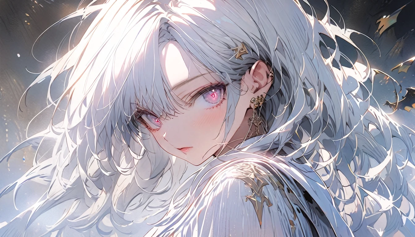 1girl, bangs, long hair, messy hair, gradient_eyes, diamond-shaped pupils, demon girl, royal type shoulder off dress, Conceptual art, masterpiece, super detail, high details, high quality, best quality, highres