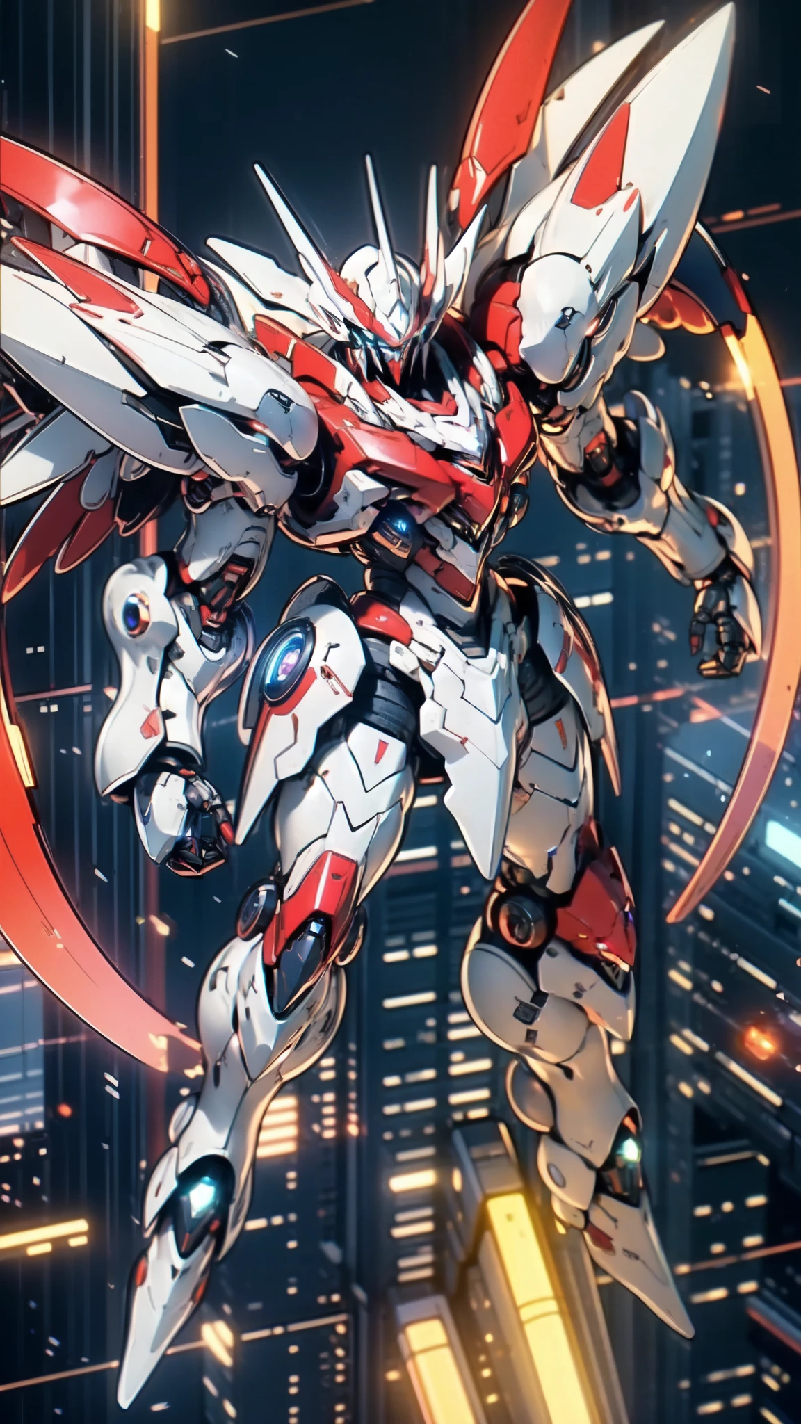 (masterpiece:1.5, best quality:1.5, extremely delicate:1.5), humanoid Mecha, fully enclosed shoulder guards, matching arm and leg guards, full body, full armor, the design balances heavy with agility, (the color scheme is primarily white with red and blue accents, the concept Inspired by Super robot, organic biotech armor, standing, floating high above the futuristic sci-fi city), exquisite and mature art style, (aura effect, energy, glowing eyes, the armor glows), ((SRS)), metallic, dramatic, high definition, highres, ultra-detailed, ultra-fine painting, professional, perfect body proportions, anatomically correct, symmetrical face, extremely detailed eyes and face, high quality eyes, creativity, RAW photo, UHD, 32k, Natural light, cinematic lighting, masterpiece-anatomy-perfect