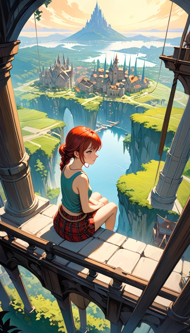 This image represents a beautiful scene from the fantasy world. It is during the day or early afternoon and the atmosphere is calm and great. In the foreground a female character appears sitting with her back to the viewer. She has long red braided hair and wears a plaid miniskirt with stockings and a tank top, very sexy, rope belt. In the background, we see a magnificent city built on a steep mountain or island. The city's architecture is reminiscent of the Middle Ages and the Renaissance, characterized by tall spiers and dense buildings and futuristic elements. High above the city, there are buildings that look like castles and palaces that rise above the rest. Below the city, there are lush green fields and scattered small buildings, which may be farms or towns. The landscape is lush and green with trees surrounding the settlements. Several ships are anchored at the foot of the mountains and islands, suggesting that the city is an important port city. The sky is light blue with very few clouds, indicating that it is daytime or early afternoon. The overall atmosphere is calm and grand, suggesting stories of adventure, exploration, or political intrigue in this fantasy world (art inspired by Bill Sienkiewicz). oil painting)
