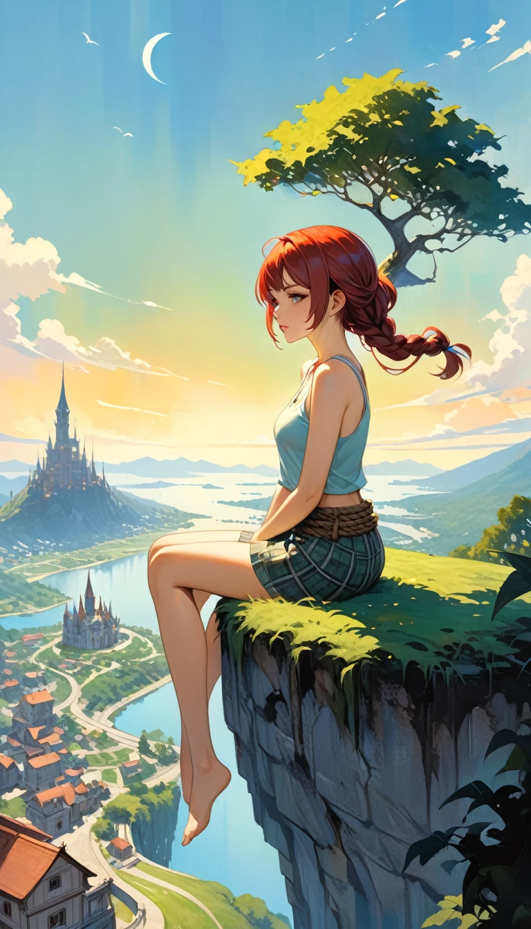 This image represents a beautiful scene from the fantasy world. It is during the day or early afternoon and the atmosphere is calm and great. In the foreground a female character appears sitting with her back to the viewer. She has long red braided hair and wears a plaid miniskirt with stockings and a tank top, very sexy, rope belt. In the background, we see a magnificent city built on a steep mountain or island. The city's architecture is reminiscent of the Middle Ages and the Renaissance, characterized by tall spiers and dense buildings and futuristic elements. High above the city, there are buildings that look like castles and palaces that rise above the rest. Below the city, there are lush green fields and scattered small buildings, which may be farms or towns. The landscape is lush and green with trees surrounding the settlements. Several ships are anchored at the foot of the mountains and islands, suggesting that the city is an important port city. The sky is light blue with very few clouds, indicating that it is daytime or early afternoon. The overall atmosphere is calm and grand, suggesting stories of adventure, exploration, or political intrigue in this fantasy world (art inspired by Bill Sienkiewicz). oil painting)