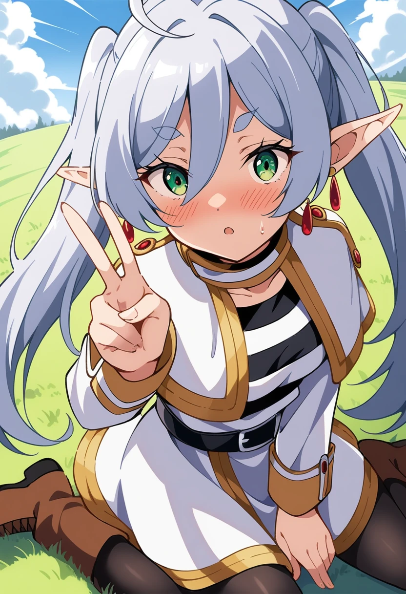 (anime art style:0.5), 2d, masterpiece, best quality, very aesthetic, absurdres, dynamic shadows, atmosferic, frieren, (1girl), (grey hair), long hair, twintails, pointy ears, green eyes, eyeslashes, detailed eyes, ahoge, bangs, medium breasts, makeup, intense blush, collarbone, suprised, blush, white capelet, white dress, long sleeves, black pantyhose, belt, stripped shirt, brown boots, red earrrings, (cowboy shot), wariza, (v), looking at viewer, grass, clouds, sky