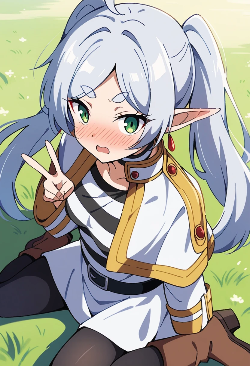 (anime art style:0.5), 2d, masterpiece, best quality, very aesthetic, absurdres, dynamic shadows, atmosferic, frieren, (1girl), (grey hair), long hair, twintails, pointy ears, green eyes, eyeslashes, detailed eyes, ahoge, bangs, medium breasts, makeup, intense blush, collarbone, suprised, blush, white capelet, white dress, long sleeves, black pantyhose, belt, stripped shirt, brown boots, red earrrings, (cowboy shot), wariza, (v), looking at viewer, grass, clouds, sky